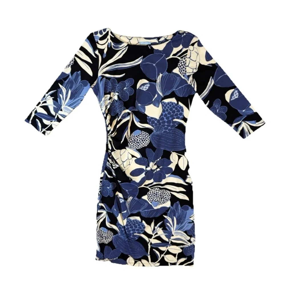 J McLaughlin Size S Blue Floral Catalina Cloth Ruched Sheath Dress 3/4 Sleeve - Picture 3 of 15